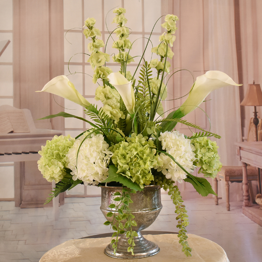 (image for) Calla Lily And Hydrangea Silk Floral Design In Silver Urn AR466 TEXT_CLOSE_WINDOW